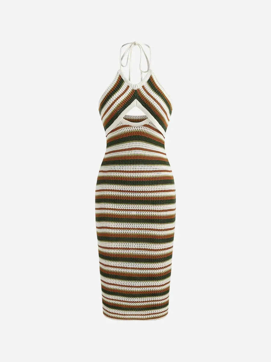 Hanging Neck Suspenders Striped Knit Midi Dress