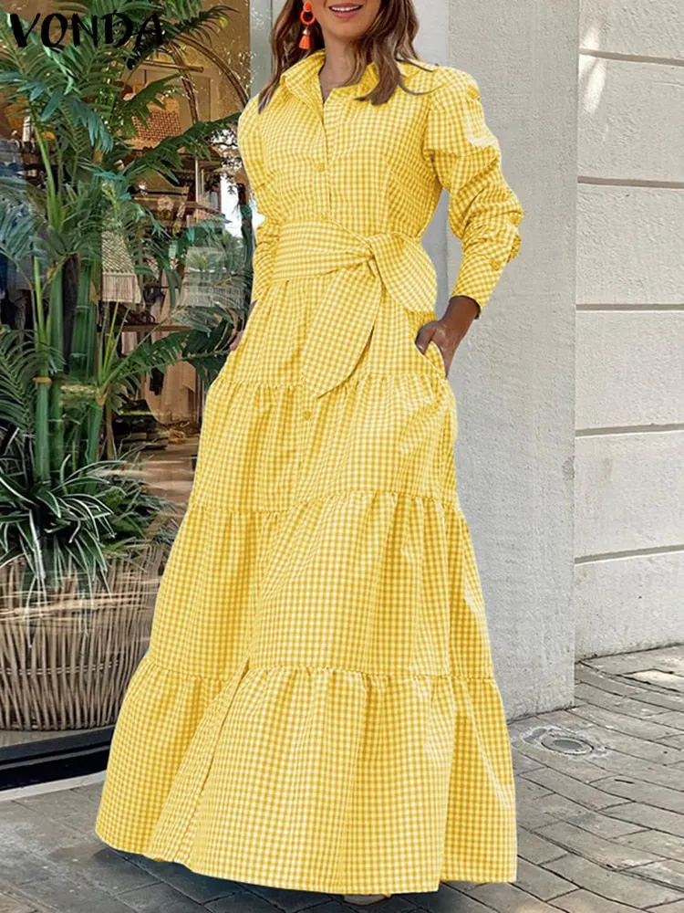 2022 Summer Bohemian Plaid Shirt Dress VONDA Women Long Sleeve Party Dresses Casual Lapel Button Vintage Belted Pockets Sundress