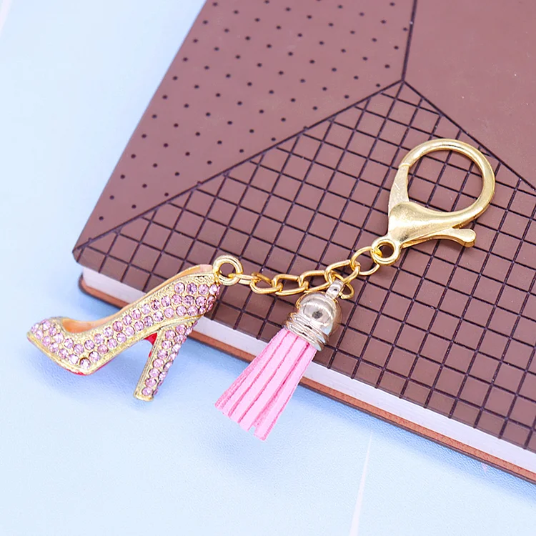 Women Bag Decorate DIY Tassel Chain Sparking Bling Pink Crystal Diamond 3D Women High Heel Shoe Charm Key Rings Keychains
