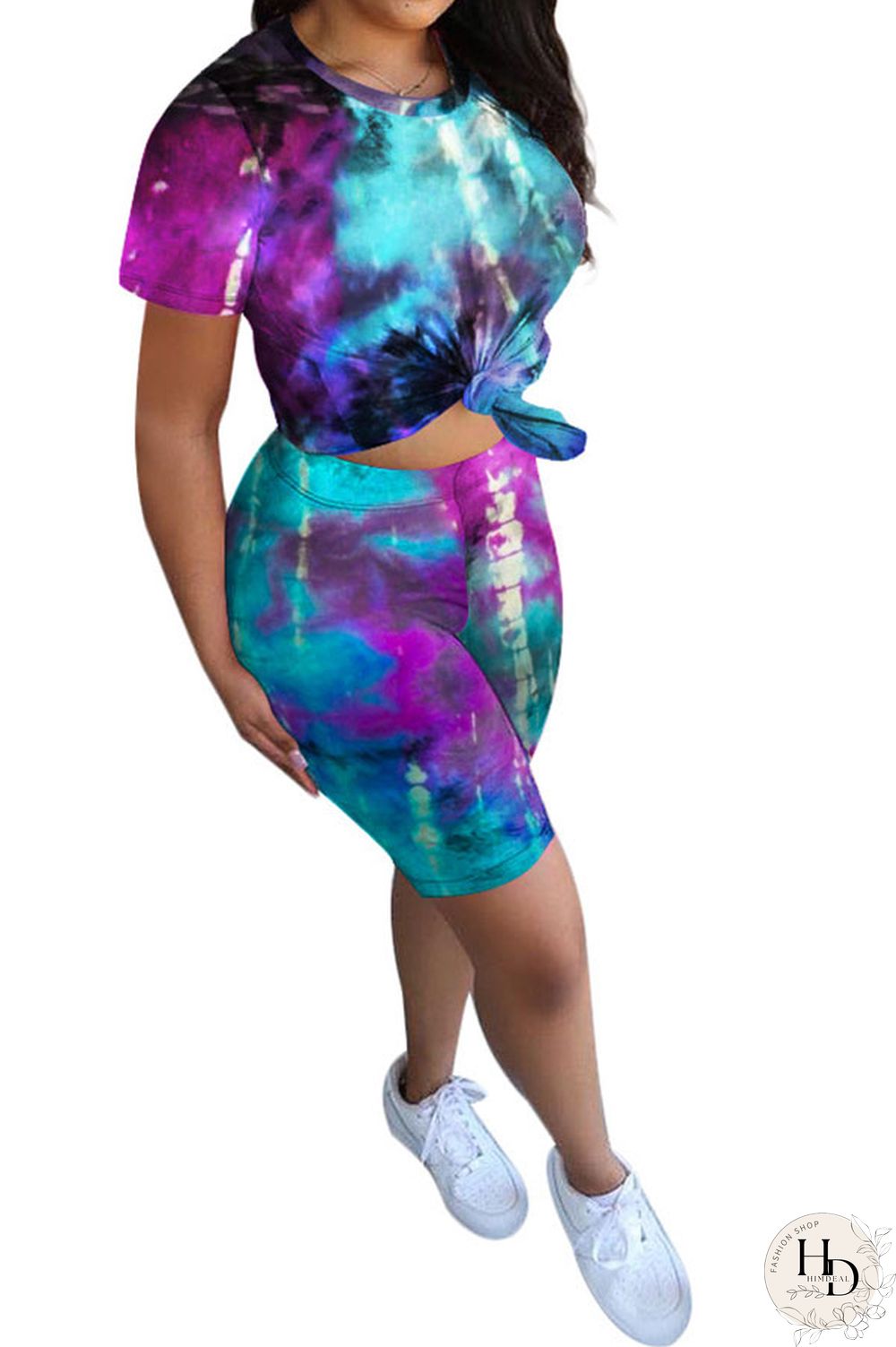 Blue Fashion Casual Active Print Tie Dye Short Sleeve Two Pieces