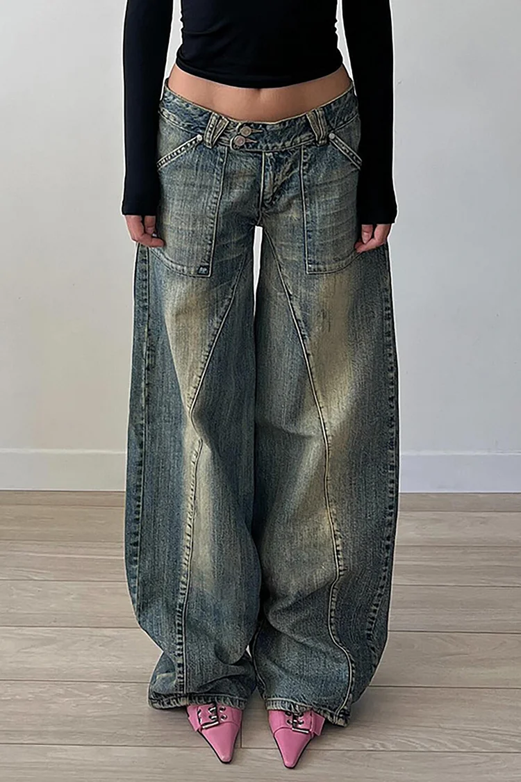 Distressed Denim Wide Leg Casual Low-Rise Jeans-Blue