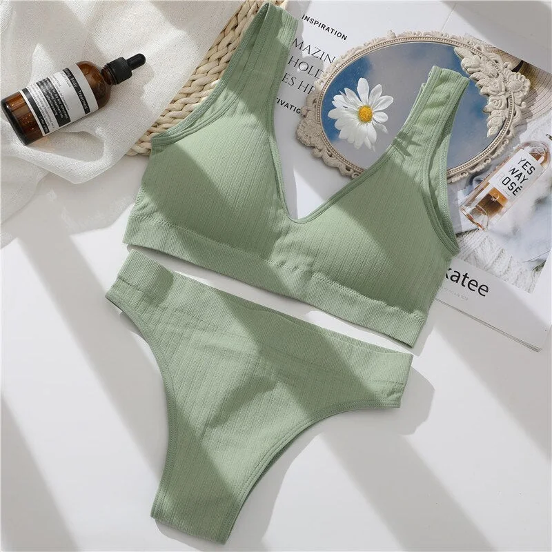 FINETOO Padded Bra Set Women Backless Tops Seamless Panties Female Deep V Bralette M-XL Wireless Bras Suit Ladies Lingerie 2021