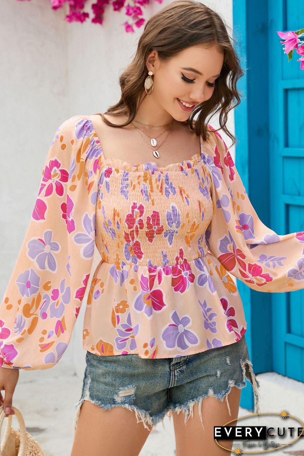 Pink Floral Print Smocked Long Sleeve Peplum Blouse