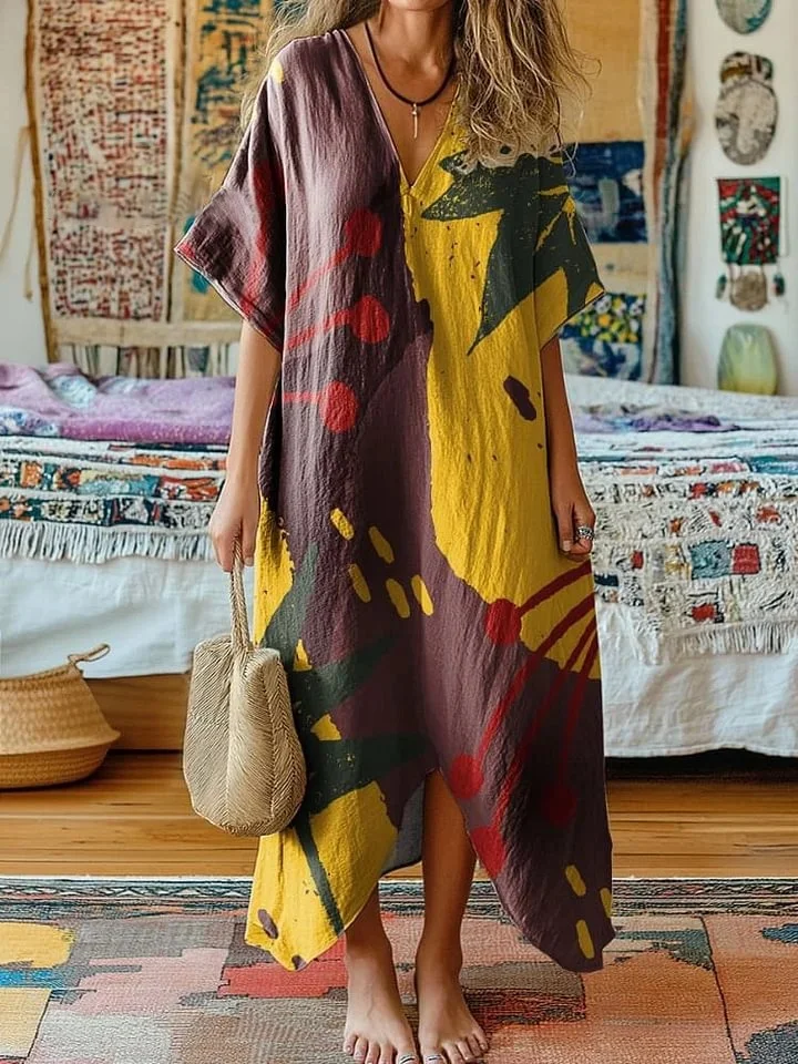 Women's Vintage Art Print V-Neck Cotton Short Sleeve Dress
