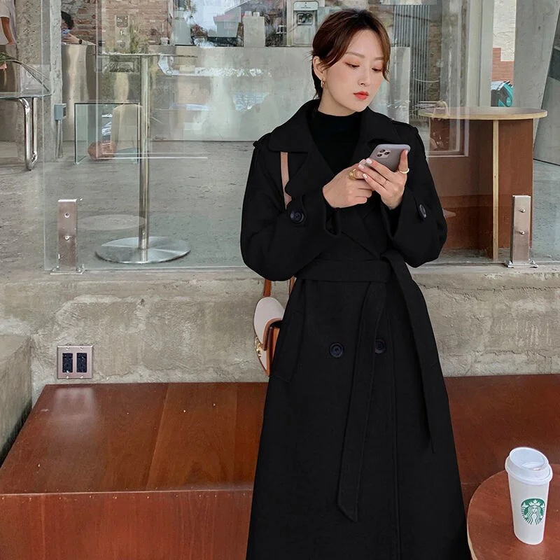 Woolen Coat Women's Middle And Long 2021 New Fashion Korean Over Knee Small Hepburn Wind Waist Closing Woolen Coats