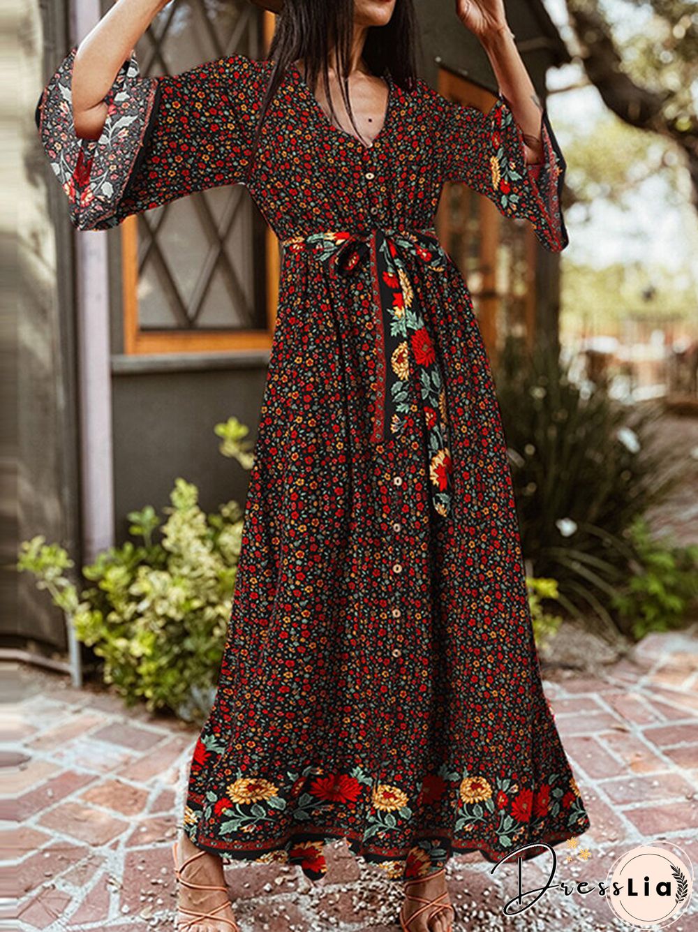 Bohemian Floral Print Belt Ruffle Sleeve Maxi Dress