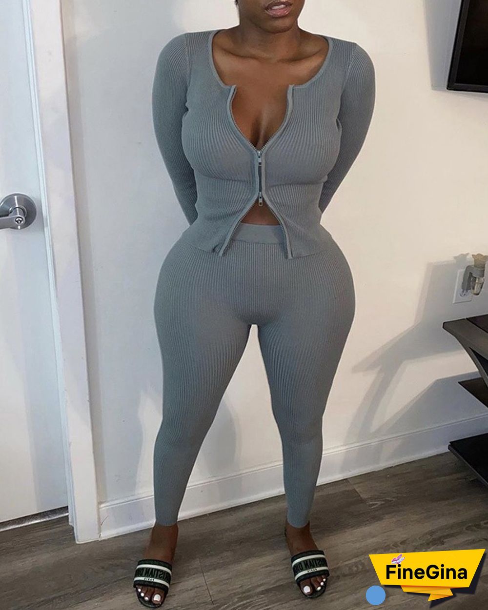 Plain Zipper Design Long Sleeve Ribbed Top & Skinny Pants Set