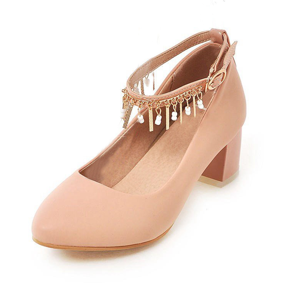 Almond Leather Ankle Strap Heels Vintage Round Toe Chunky Heel Pumps