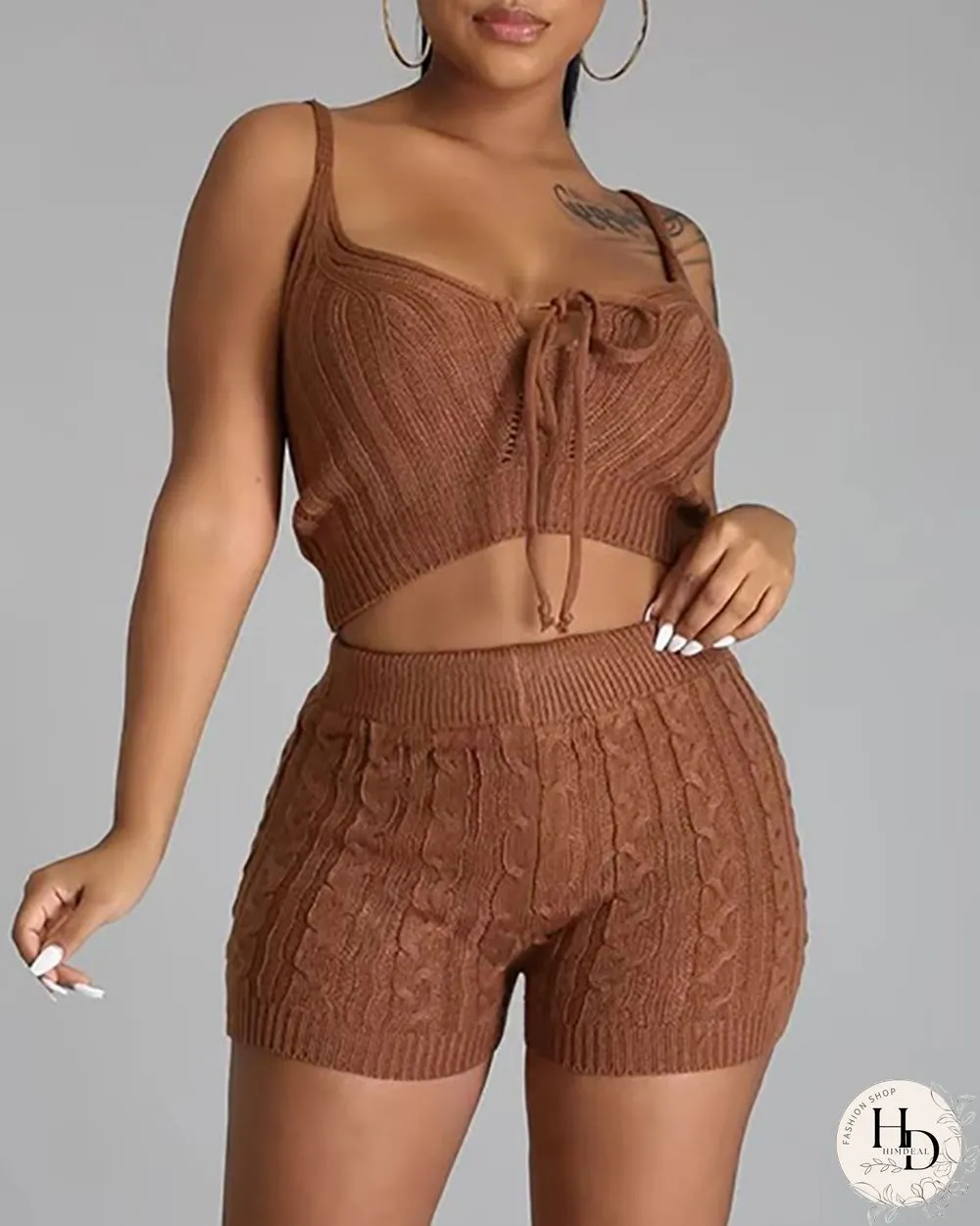 Knit Tied Detail Top & High Waist Shorts Set