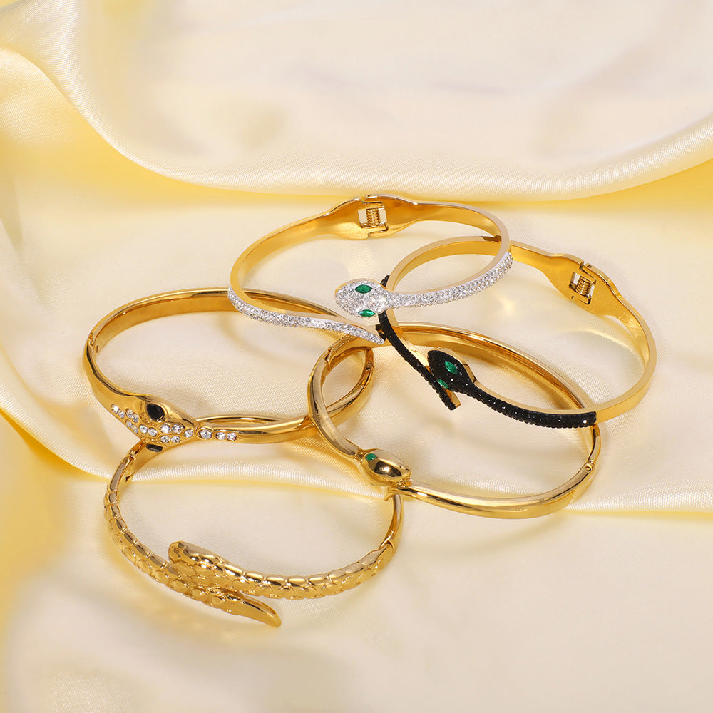 Snake-Shaped Diamond-Encrusted Cast Open Titanium Steel Bracelet Niche Design Stainless Steel 18K Gold-Plated Bracelet