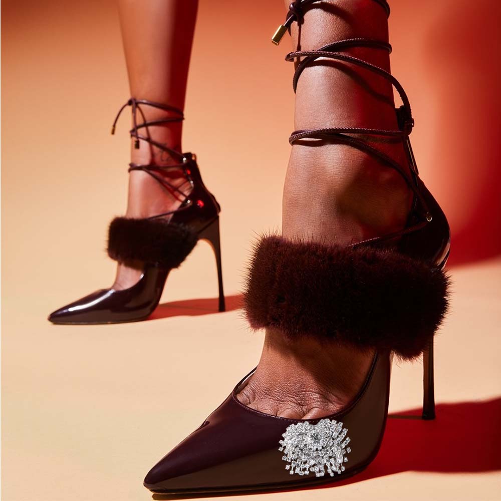Burgundy Patent Leather Pointed Toe Lace Up Rhinestone Pumps Heels Nicepairs