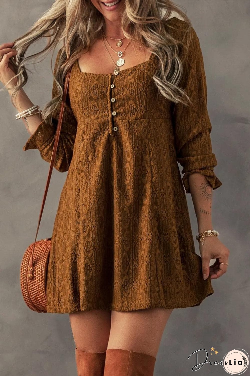 Chestnut Lace Crochet Buttoned Square Neck Shift Mini Dress