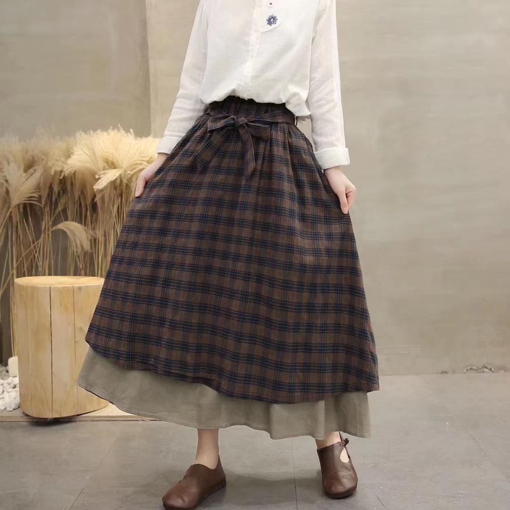 Vintage plaid Elastic waist A-Line bow belt skirt