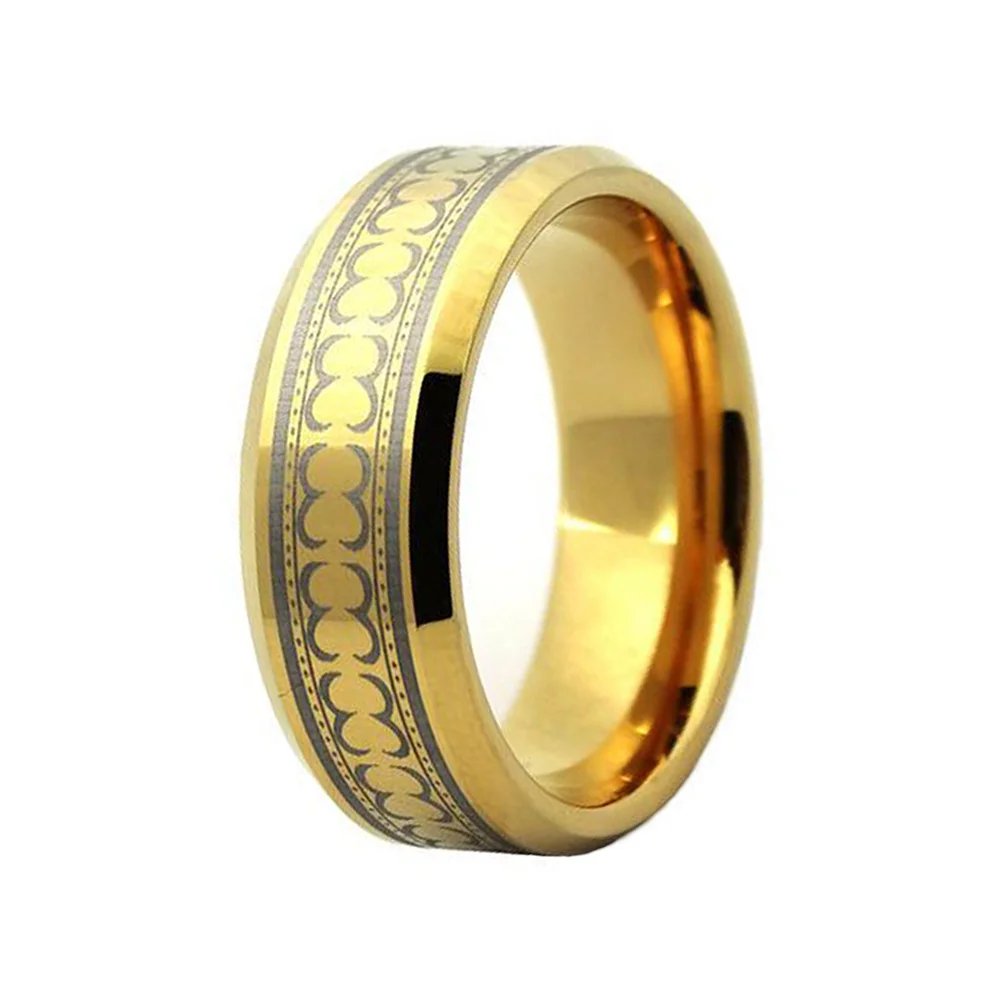 6MM 8MM Gold Plated Tungsten Carbide Bevel Edge Laser Pattern Men Wedding Bands