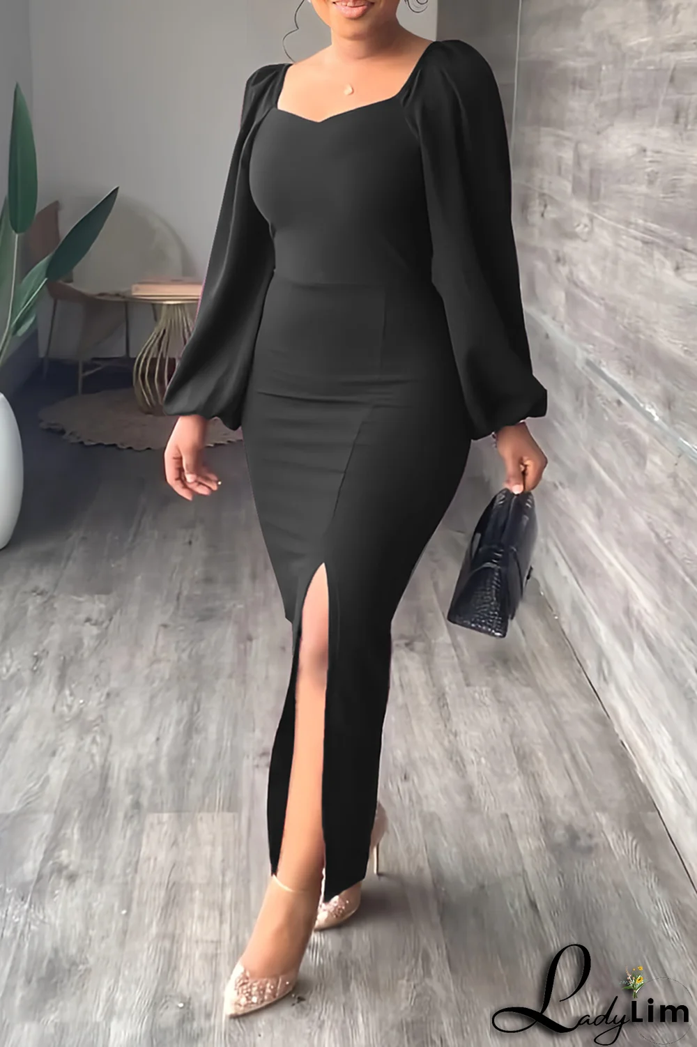 Sky Blue Fashion Solid High Opening Square Collar Pencil Skirt Dresses