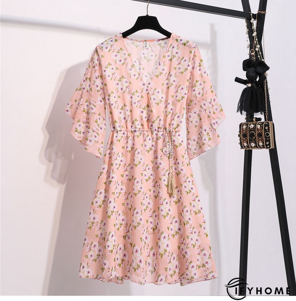 Spring Summer Chiffon Women V-Neck Floral Print Short Dresses Sweet Ruffle Sleeeve Slim Drawstring Ladies Dress | IFYHOME