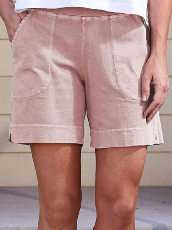 Solid Color Cotton Linen Ladies Pocket Casual Ladies Shorts