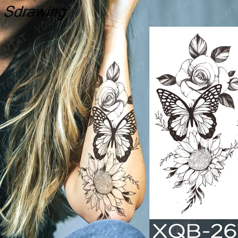 Sdrawing Temporary Tattoo Sticker Rose Snake Flower Tattoos Lace Tiger Dragon Body Art Arm Fake Sleeve Tatoo Women
