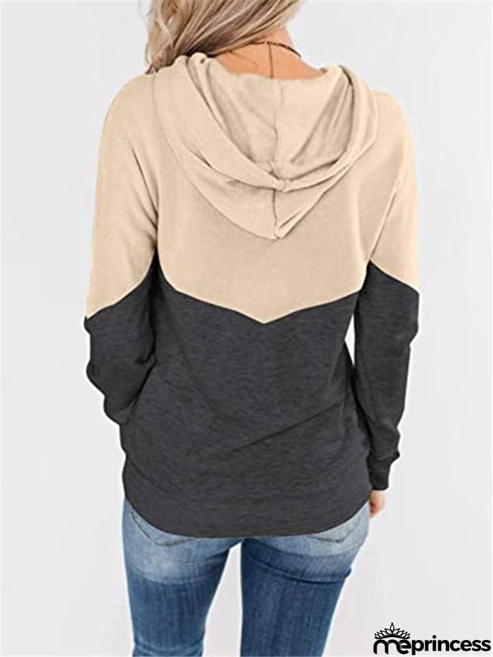 Women Color Block Drawstring Long&nbsp;Sleeve Pullover Hoodie
