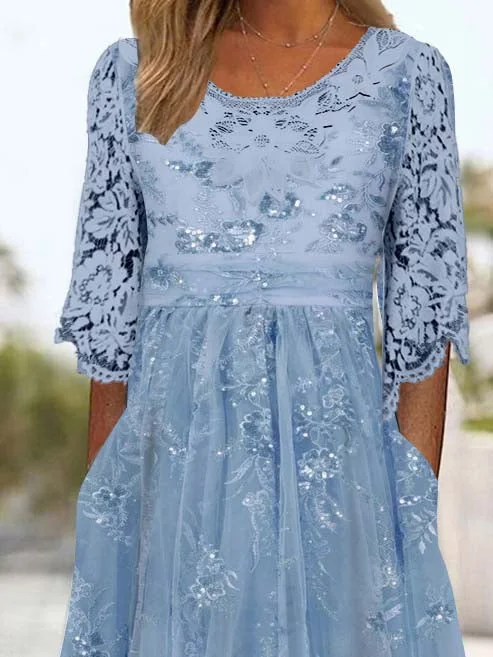 Women's 3/4 Sleeve Scoop Neck Floral Printed Lace Stitching Midi Dress