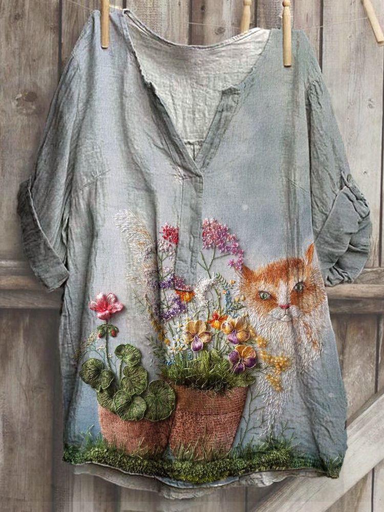 Floral&Cat Print Linen Blend Casual Shirt
