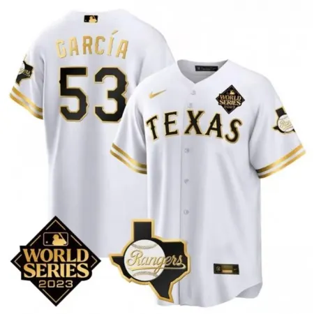 Men's Texas Rangers & Cowboys #53 Adolis Garcia White 2023 World Series Splite Stitched Baseball  Jersey