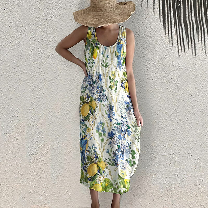 Comstylish Almafi Lemon Flower And Bird Pattern Tank Midi Dress