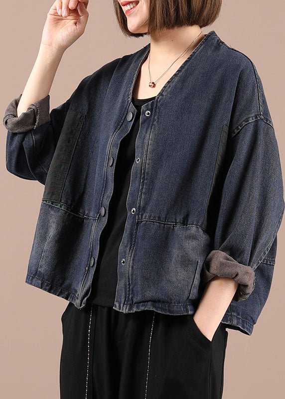 Fashion Blue Loose Pockets Button Fall Coat Long Sleeve CK1493- Fabulory