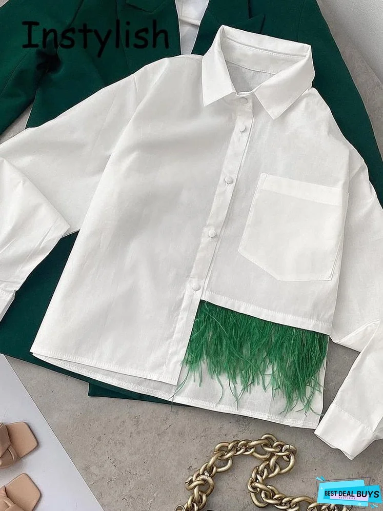 Back to school Casual Long Sleeve Feather Patchwork White Shirt Women Spring Button Up Lapel Chic Blouse Streetwear Simple Crop Top Oversized