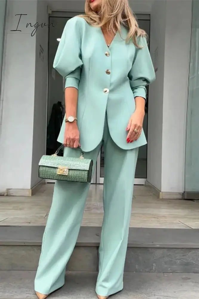 Ingvn - Elegant Solid Buttons V Neck Long Sleeve Two Pieces Light Blue / S Pieces/Two-Piece Pants