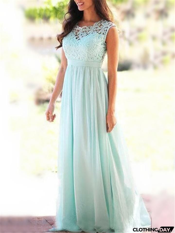 Flattering Fitted Waist Floral Lace Bodice Chiffon Dress for Prom