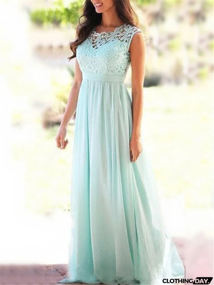 Flattering Fitted Waist Floral Lace Bodice Chiffon Dress for Prom