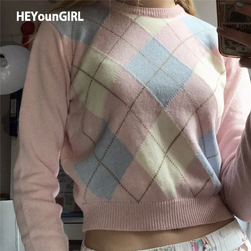 HEYounGIRL Autumn Argyle Pink Casual Sweater Women Plaid Long Sleeve Knitted Jumpers Ladies Winter Fashion Pullover Knitwear