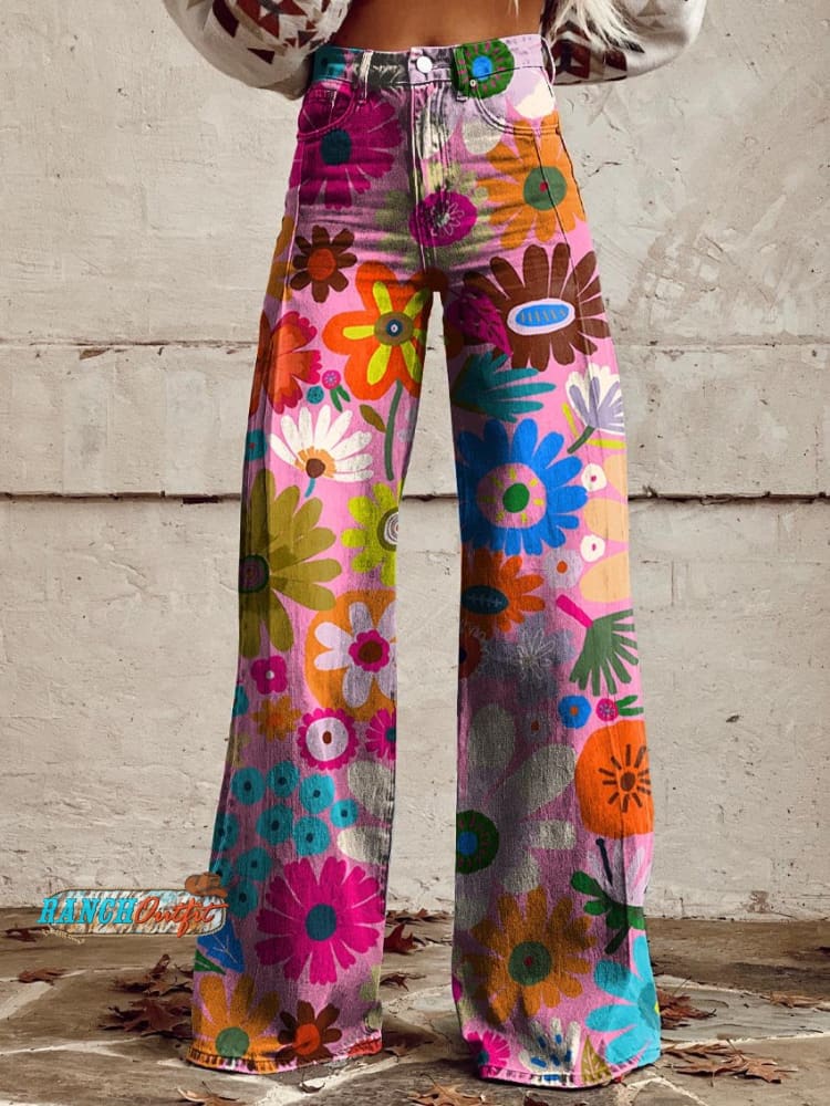 Women’s Cartoon Color Flower Print Casual Wide Leg Pants Multicolor / Xs
