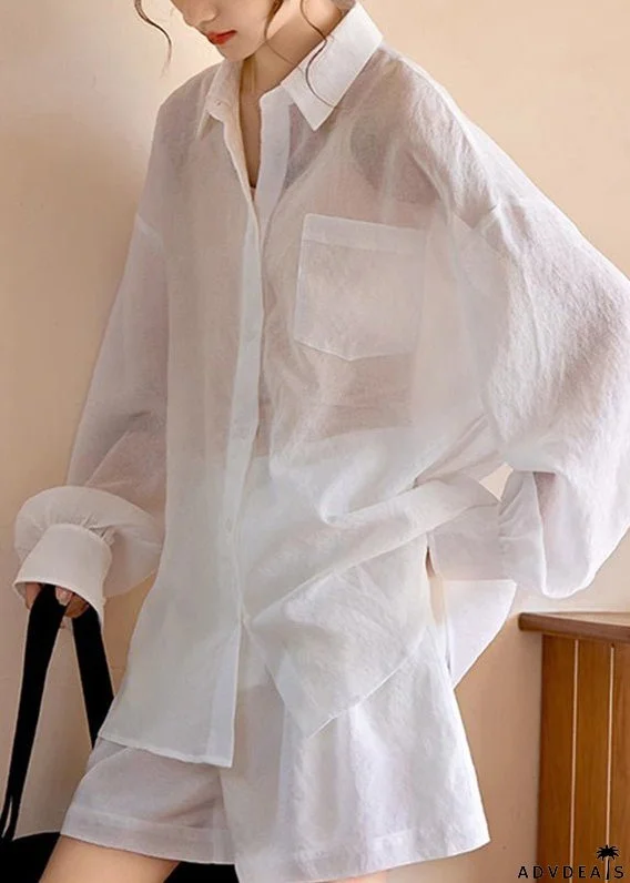 Simple White Pockets Shirts And Shorts Two Piece Suit Set Long Sleeve