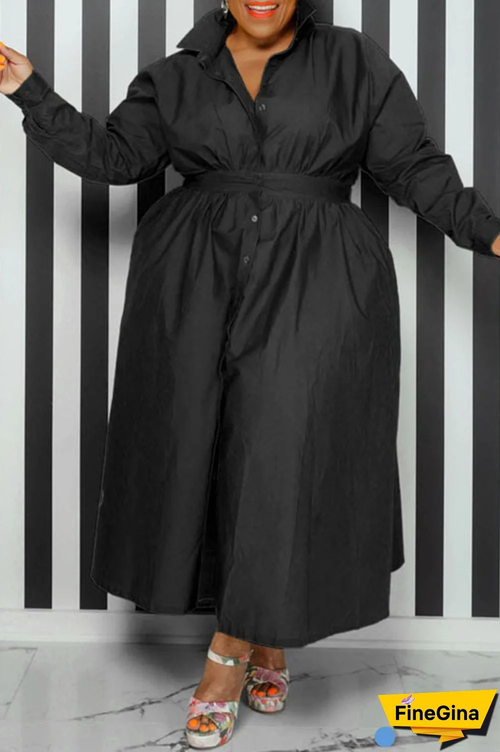 Black Casual Solid Patchwork Buckle Turndown Collar Shirt Dress Plus Size Dresses