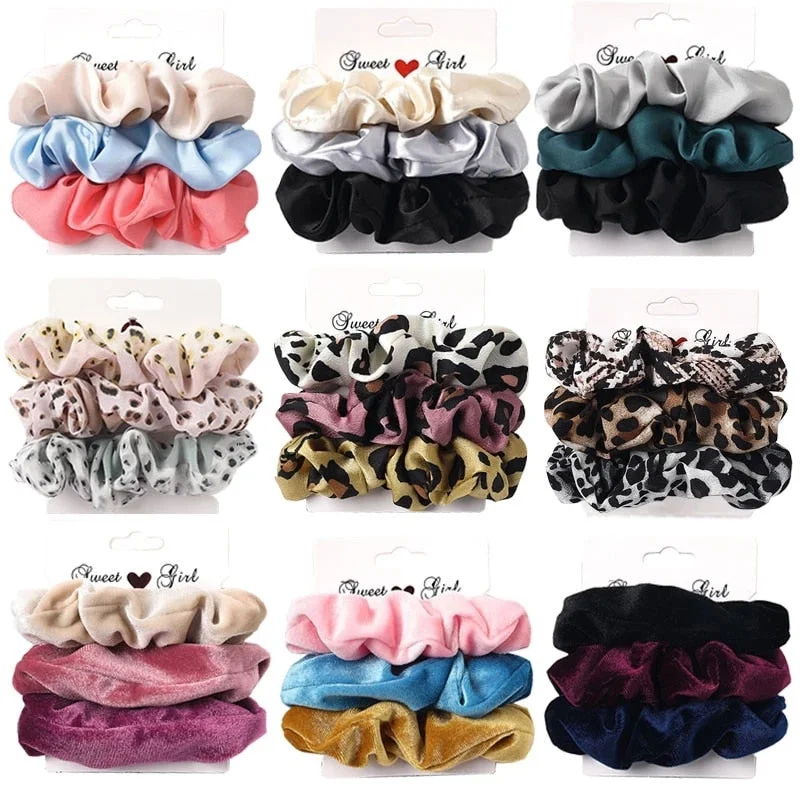 3/5/Pcs Silk Scrunchies Print Leopard Scrunchie Set Elastic Hair Bands Solid Color Fashion Headwear Women Hair Accessories Gift
