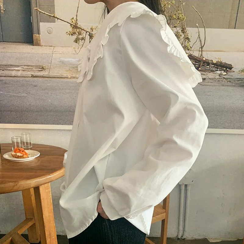 Chic Turn-down Collar Vintage Cotton Shirt Female Long Sleeve White Blouse Women Oversized Woman Blouses Tops Femme Blusas 14836