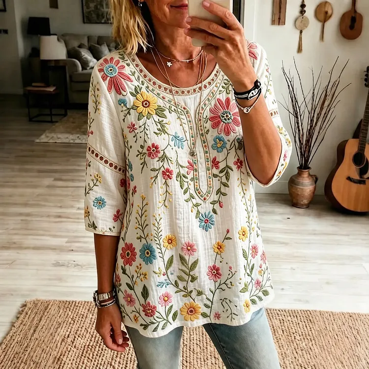 Women's Vintage Floral Art Print Flowy Linen Blend Linen Blend Three-quarter Sleeve Casual Tops