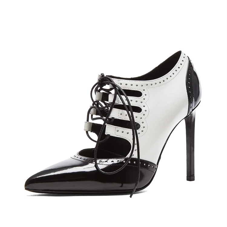 Black and White Vegan Oxford Heels Pointy Toe Lace up Stiletto Heels |FSJ Shoes