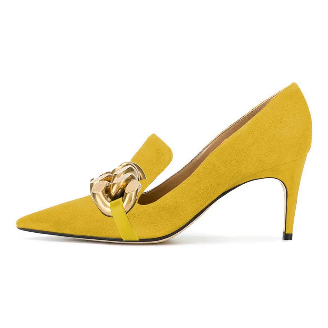 Yellow Faux Suede Pointed Toe Gold Chain Kitten Heel Classy Pumps 