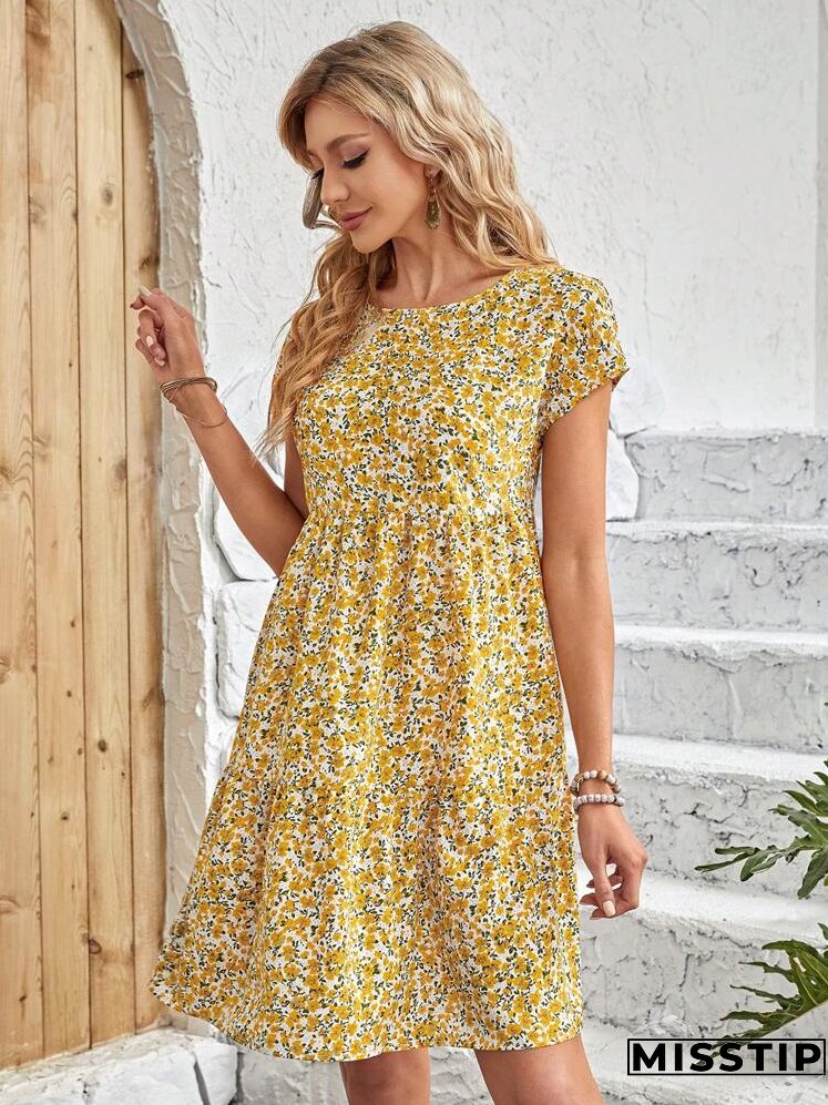 Ditsy Floral Print Batwing Sleeve Smock Dress