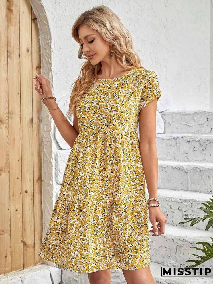 Ditsy Floral Print Batwing Sleeve Smock Dress