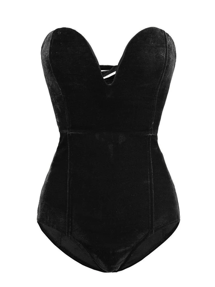 Abebey Viifaa Backless Solid Velvet Bodysuit Sweetheart Neckline Strapless  Party Body Top Women Lace-Up Back Bodycon Bodysuits