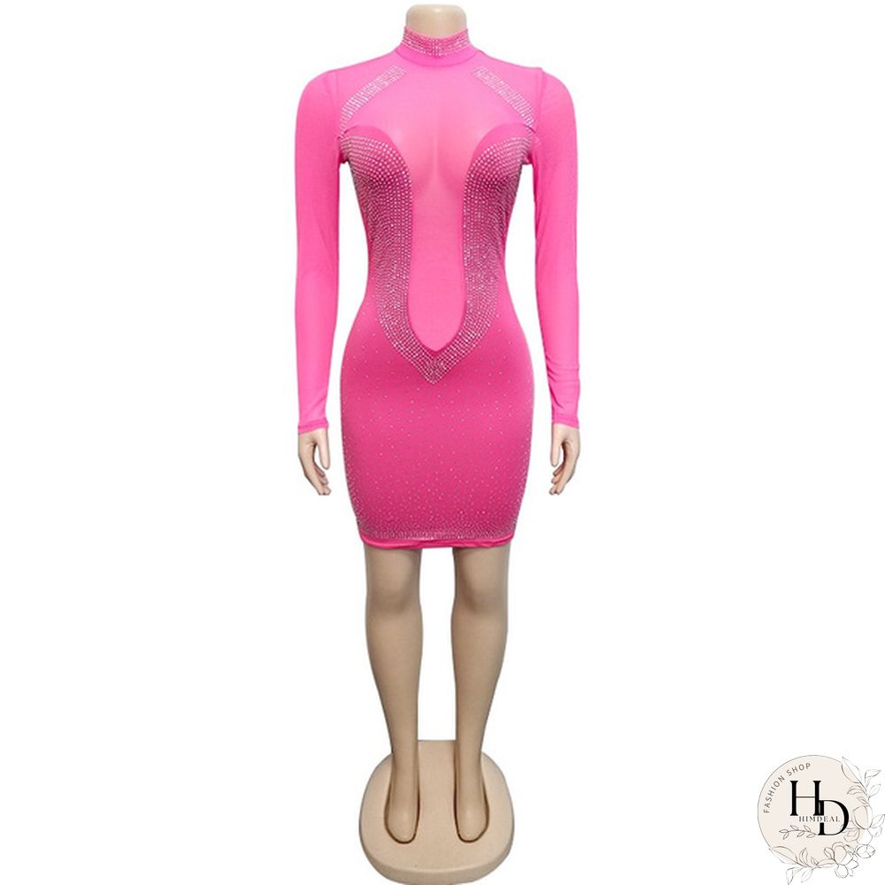 Women Sexy Night Club Dresses Bodycon Party Dress Bling Bling Rhinestone Zipper Sheer Long Sleeve Mini Dress White Black Blue Pink