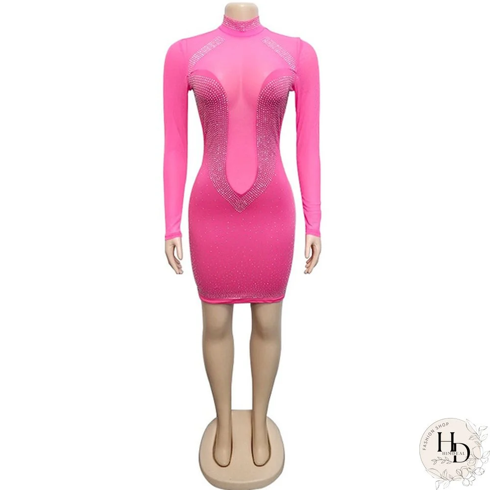 Women Sexy Night Club Dresses Bodycon Party Dress Bling Bling Rhinestone Zipper Sheer Long Sleeve Mini Dress White Black Blue Pink