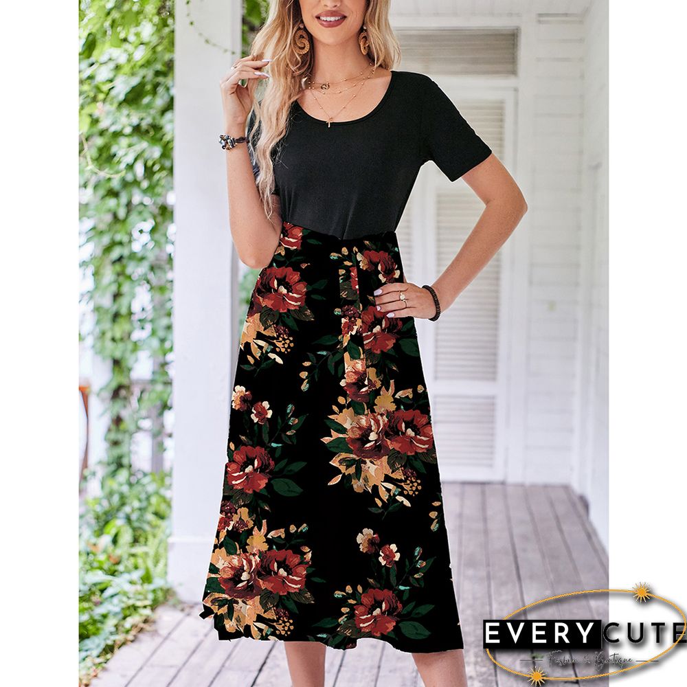 Black Red Floral Print Spliced Short Sleeve Dress
