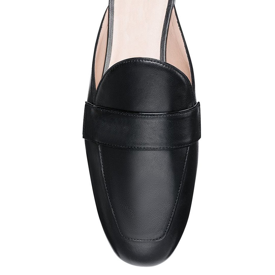 Black Vegan Leather Round Toe Slip On Slingback Women's Flat Mules