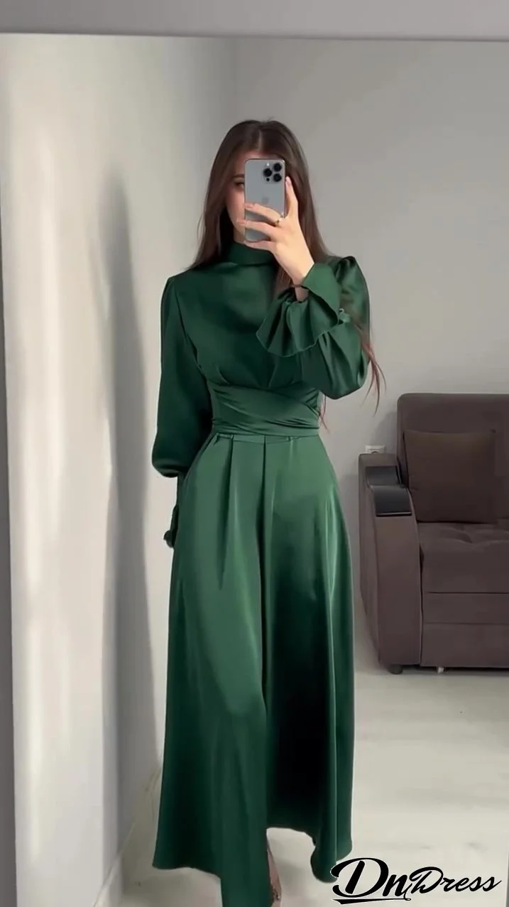Spring Long-Sleeved Slim Waisted Puff-Sleeved Green Dress