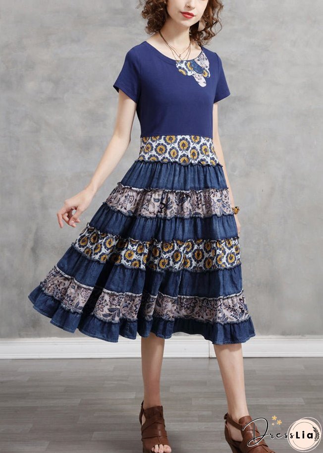 Women Blue O-Neck Patchwork Cotton Vacation Pleated Dresses Short Sleeve